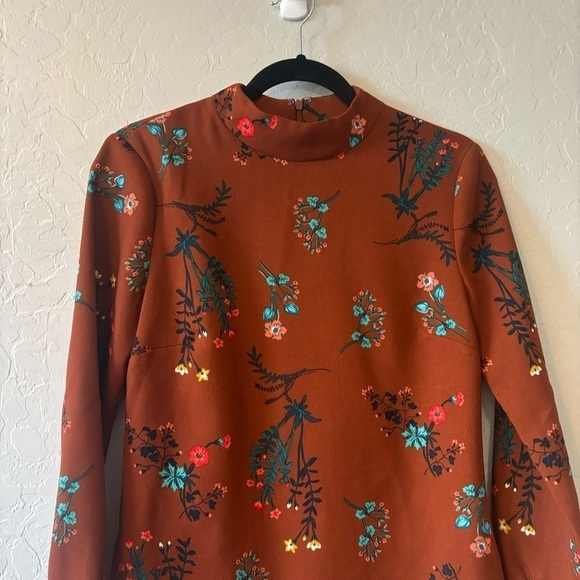 WAYF Brown Floral Long Sleeve Mock Neck Shift Dress Academia Preppy Size XS - Picture 8 of 13